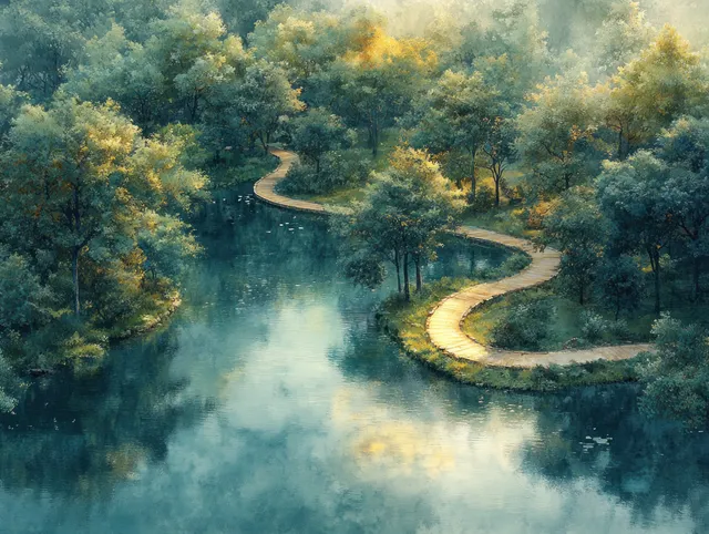 A winding path curves along a misty water reservoir surrounded by leafy trees at golden hour.