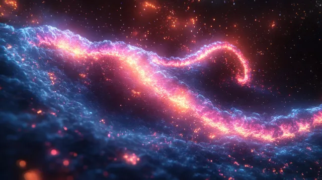 A neon DNA helix spirals through a dark cosmic nebula with glowing fragments and colorful trails.