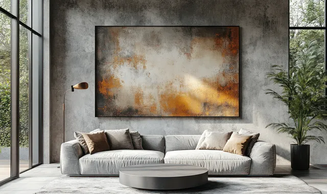 Gray sectional sofa and floor lamp sit beneath a large abstract painting in a minimalist living room with concrete-textured walls.