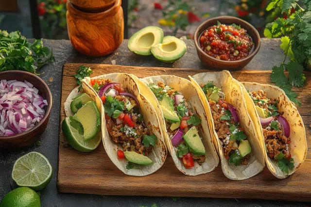 Four soft tacos with seasoned meat and toppings on a wooden board, with lime halves and salsa nearby.