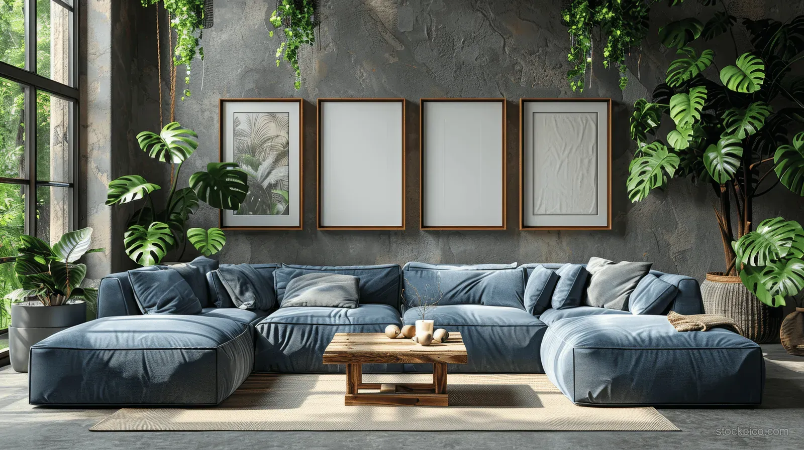 Blue sectional sofa and wooden coffee table sit in a Scandinavian living room beside empty framed poster mockups.