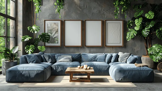 Scandinavian living room with blue sectional, wooden coffee table, and framed poster mockups by window