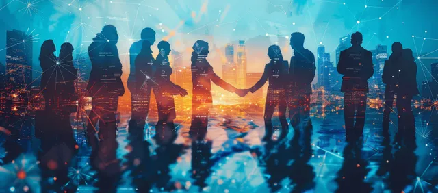 A business handshake in a futuristic office scene with glowing network lines and silhouetted leaders.