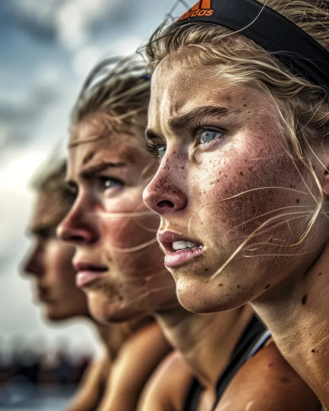 Close-up of Dutch female rowers with muddy faces, lined up for a race under a stormy sky.