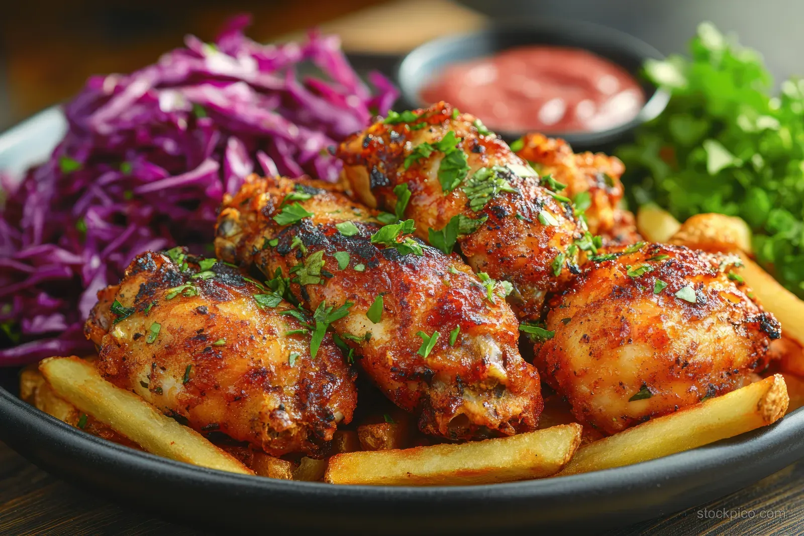 Fried chicken and crispy fries on a plate beside purple cabbage salad and a red dipping sauce.