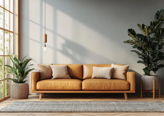 Tan leather sofa in a minimalist Scandinavian living room with natural wood accents, potted plants, and warm ambient lighting.