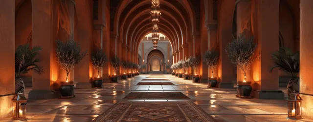 Lantern-lit Arabian palace corridor with arches, glowing chandeliers, and patterned marble floor at dusk