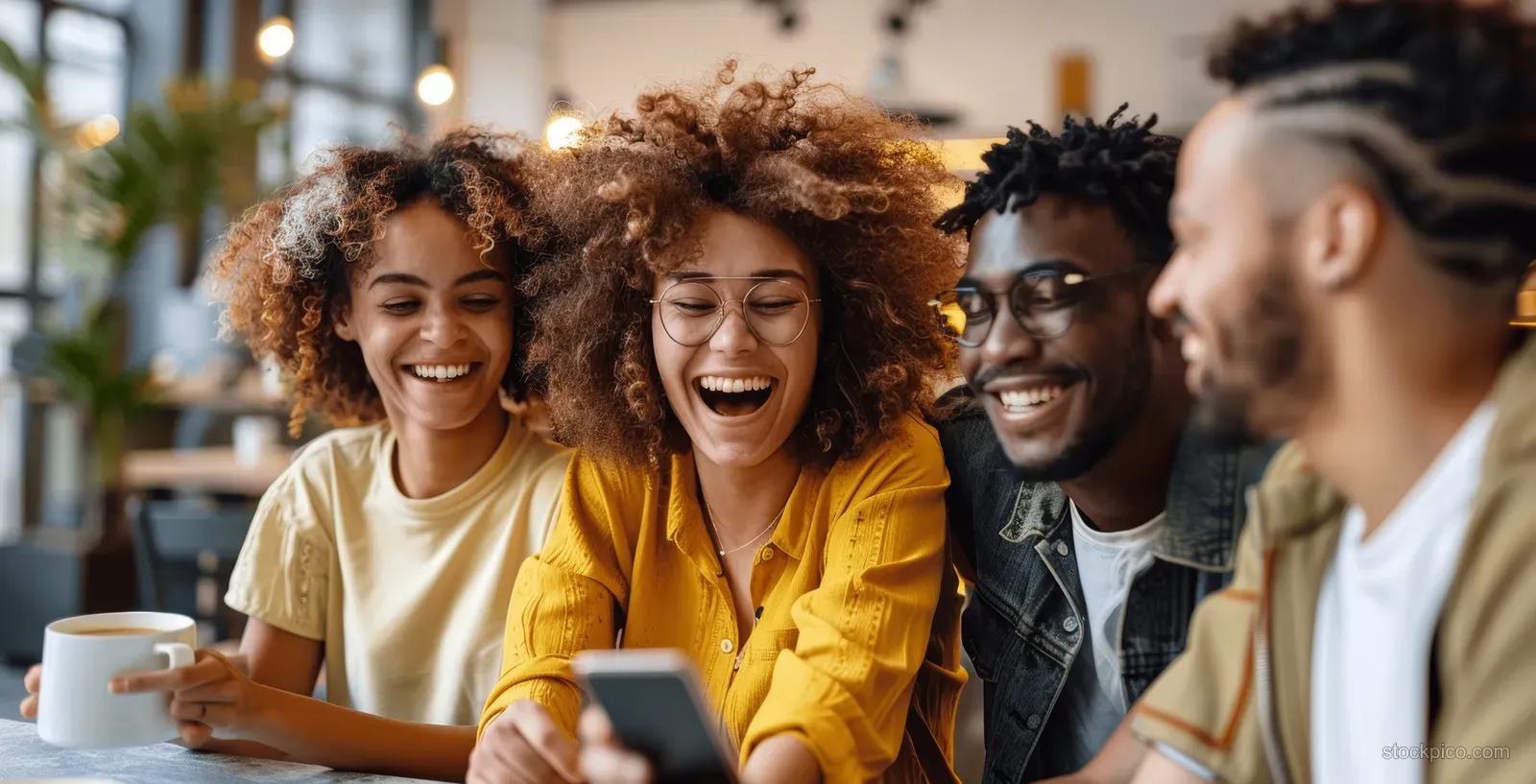 Friends laughing together in a modern cafe while one friend watches a video on a smartphone.