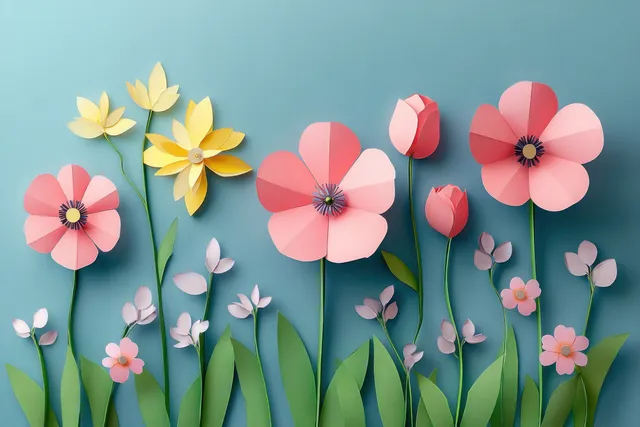 Spring paper flowers with tulip and daisy cutouts sit on a blue pastel background with small blossoms and leaves.