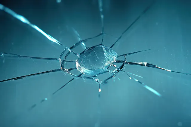 Close-up of shattered windshield glass with radiating cracks and blue highlights around a central impact.