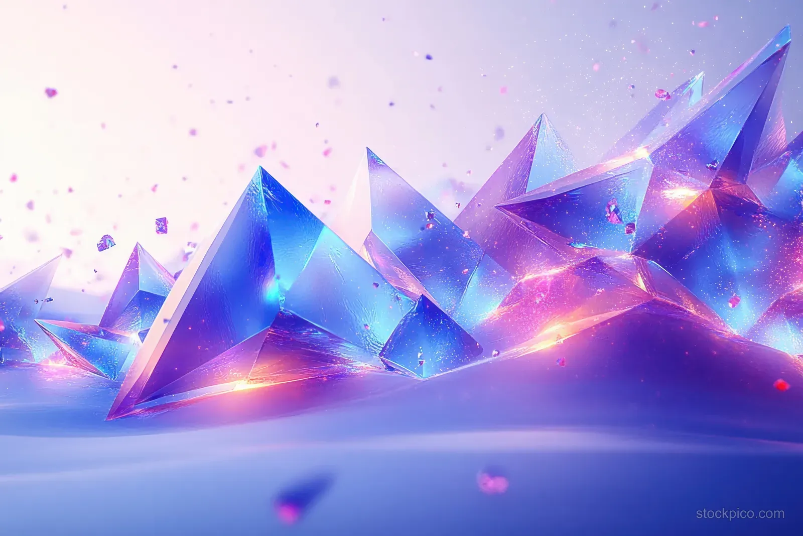 Blue crystalline triangle shards glow with prismatic light while small particles drift across a soft gradient background.