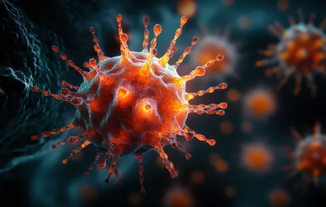 Glowing orange virus particles with spike proteins float against a dark blue background.