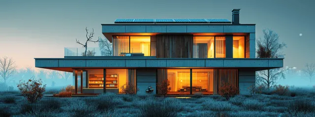 Modern House with Rooftop Solar Panels at Dusk