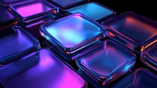 Translucent glass cubes with neon blue purple reflections in futuristic geometric background