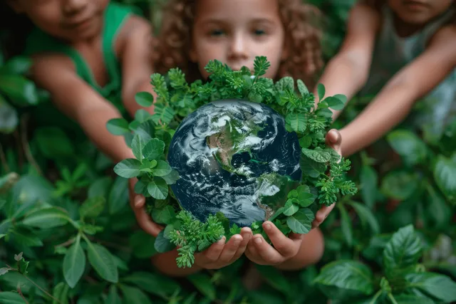 Children holding a green globe of Earth surrounded by leaves and forest foliage