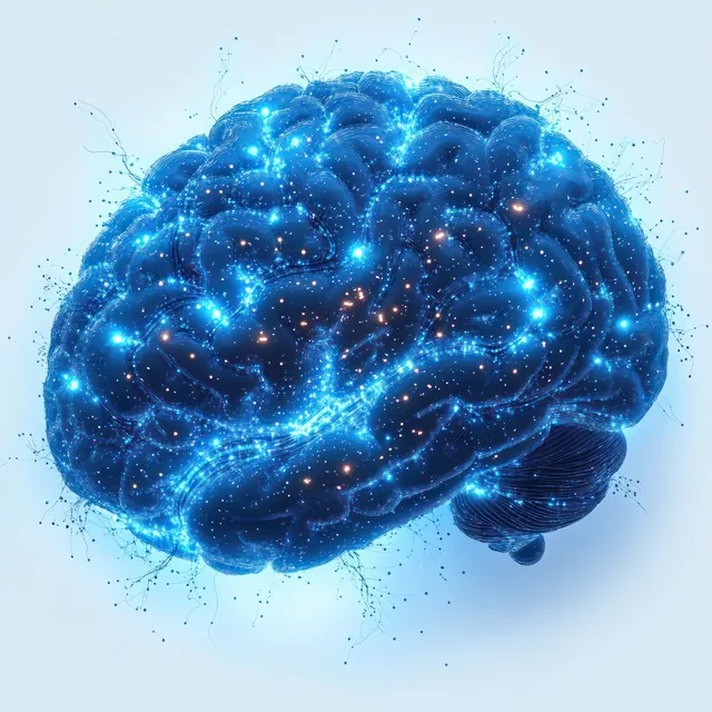 Glowing blue digital brain with neural network connections, futuristic cognition visualization