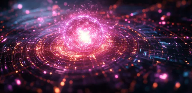 Serotonin molecule glow rendered in cyberpunk rings with neon particles