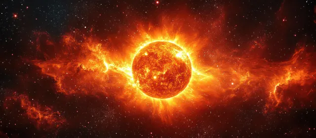 Cosmic Sun shining within swirling galaxy nebula, glowing halo and fiery brushwork