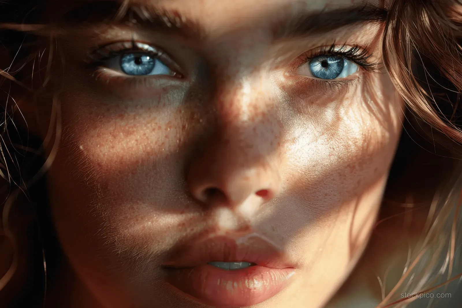 Close-up portrait of a young woman with blue eyes and freckles illuminated by warm soft sunlight.
