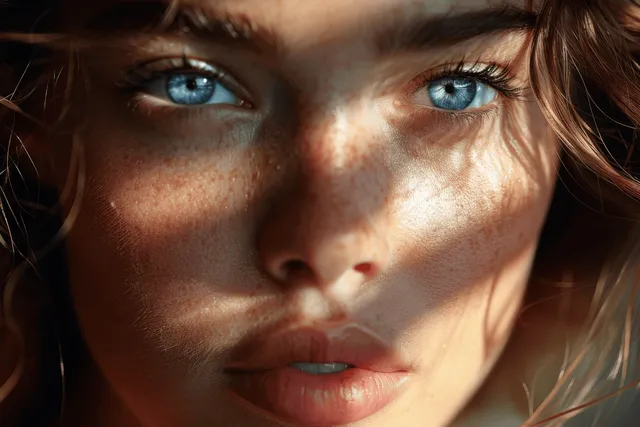 Close-up portrait of a young woman with blue eyes and freckles in warm soft sunlight with Shallow Depth Of Field