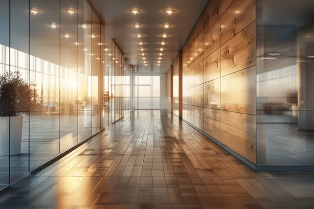 Sunlit modern office corridor with panoramic windows, glass panels, and warm wood walls