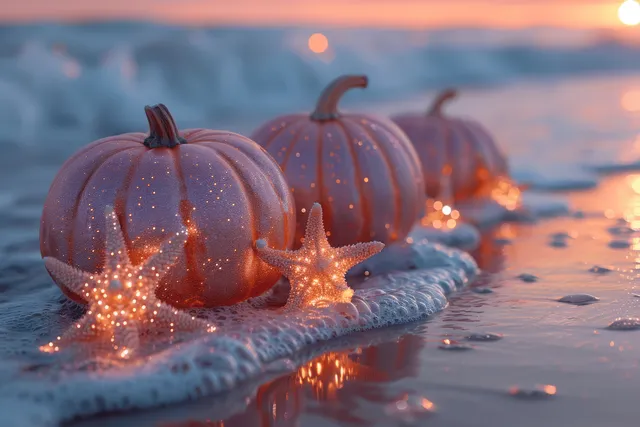 Carved pumpkins and luminous starfish sit on wet sand as a sunset burns on the horizon.