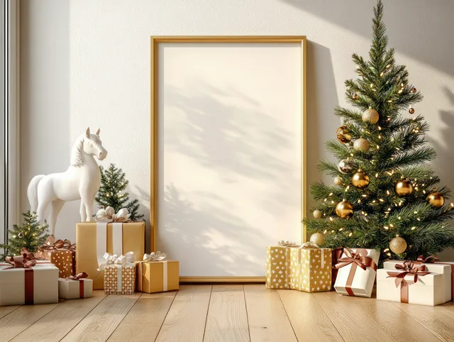 Golden framed blank artwork stands in a minimalist room next to a lit pine tree and wrapped Christmas gifts.