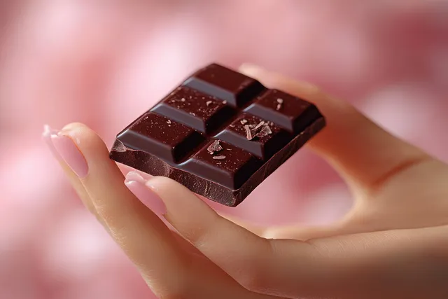 A hand with pink nails holds a small bitten piece of dark chocolate against a soft pink background.