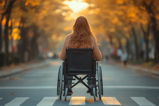 Determined woman in wheelchair smiling at zebra crossing during golden hour in park