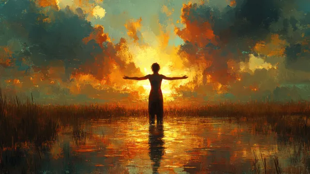 Jesus stands in a river with arms outstretched as bright flames and light form above his head.