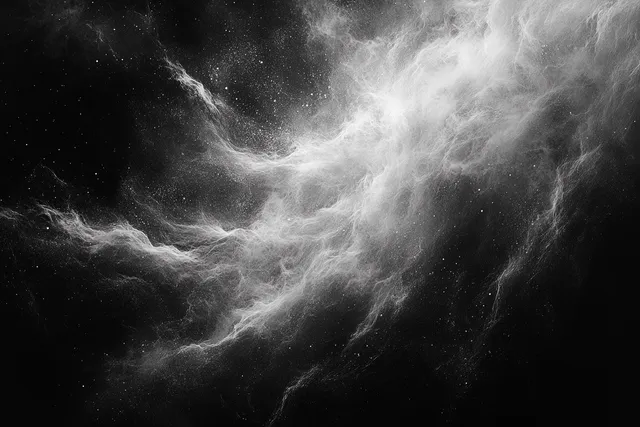 White powder swirls like smoke nebula spreading across a dark black background