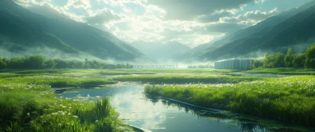A futuristic carbon capture facility stands by a reflective river amid lush green fields and misty mountains.