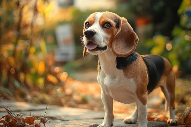 Alert beagle dog stands on an autumn path with its tongue out while colorful foliage blurs behind it.