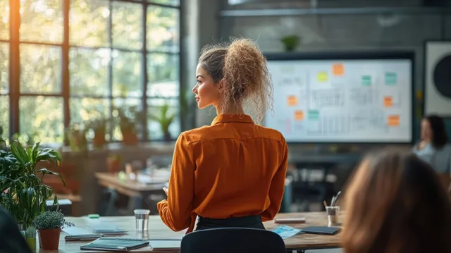 Black businesswoman leads a strategy meeting, pointing at a statistics whiteboard in a bright office