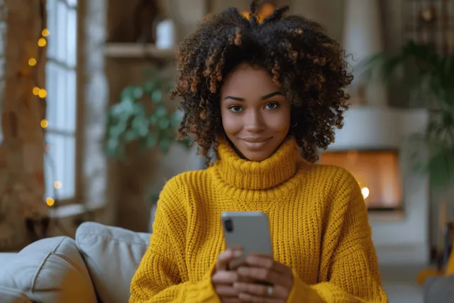 Woman in yellow sweater using smartphone while working at desk beside laptop with Shallow Depth Of Field