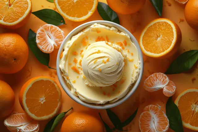 Overhead view of orange ice cream in a bowl, garnished with fresh citrus slices and zest for a vibrant presentation.