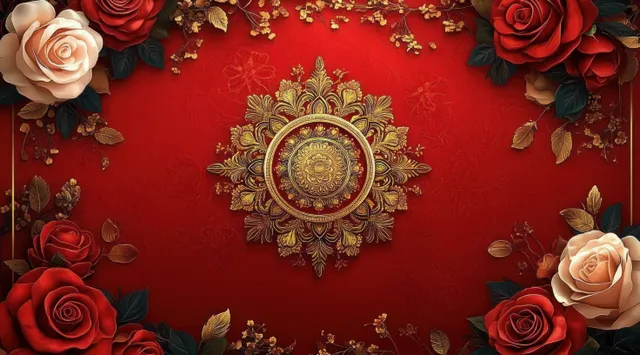 Deep red banner with a centered gold mandala medallion framed by red and beige roses and leaves.