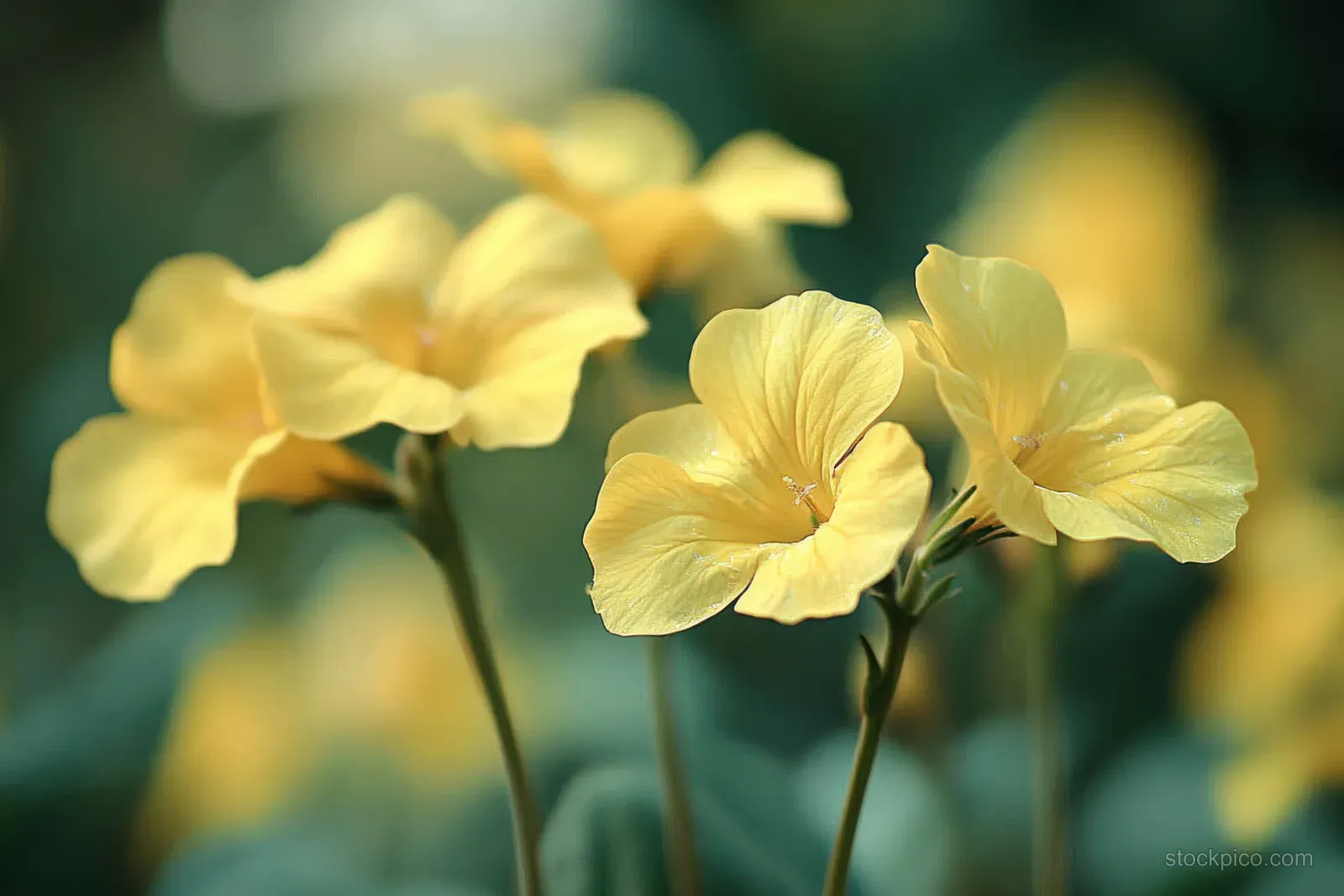 Yellow flower blossoms with delicate petals in a softly blurred green garden background.