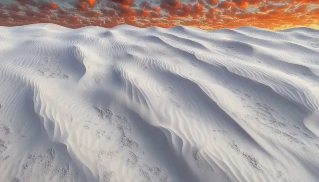 Ethereal desert sand dunes with wave-like ripples and warm orange light