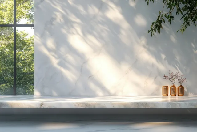Marble countertop with dappled leaf shadows on gray wall near large window light