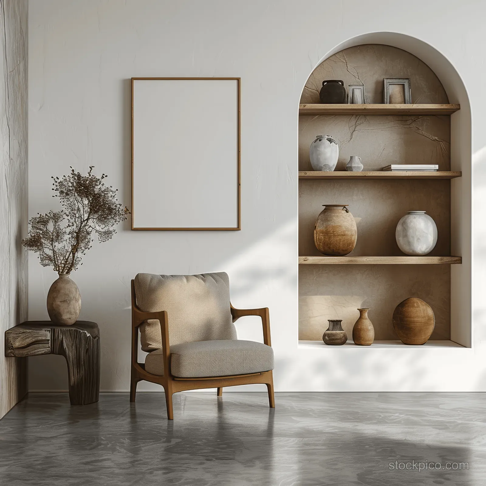 Minimalist living room interior with concrete floor, brown armchair, wooden shelves, and a blank framed poster.