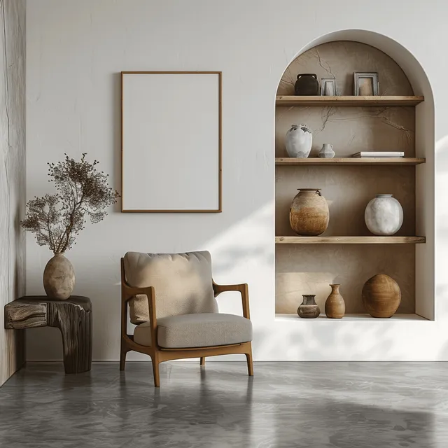 Minimalist living room interior with concrete floor, wooden shelves, and blank poster frame