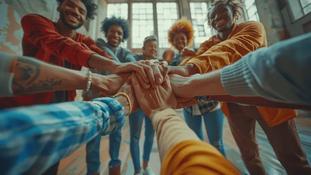 Diverse group joining hands in a circle, smiling together in a bright indoor room