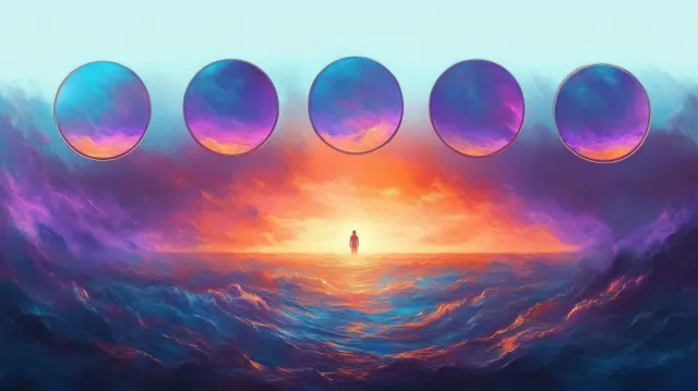 A lone person stands on the horizon of a surreal ocean beneath five reflective circular portals reflecting colorful sunset skies.