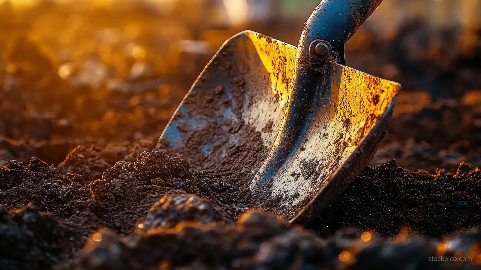 Excavator bucket digging wet earth with detailed brown soil texture under warm golden hour sunlight.