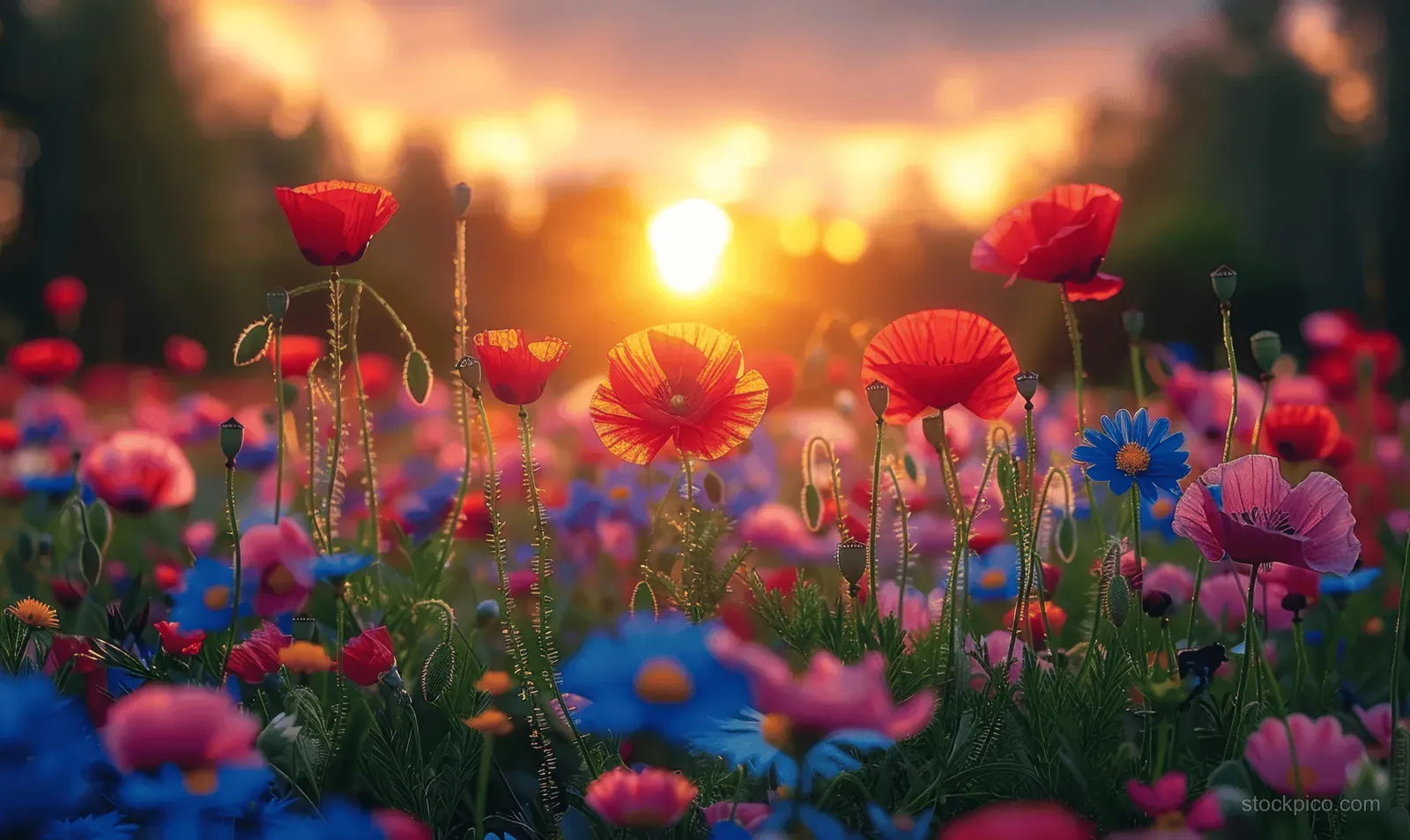 Red poppies and wildflowers sway in a meadow under a glowing golden sunset sky.