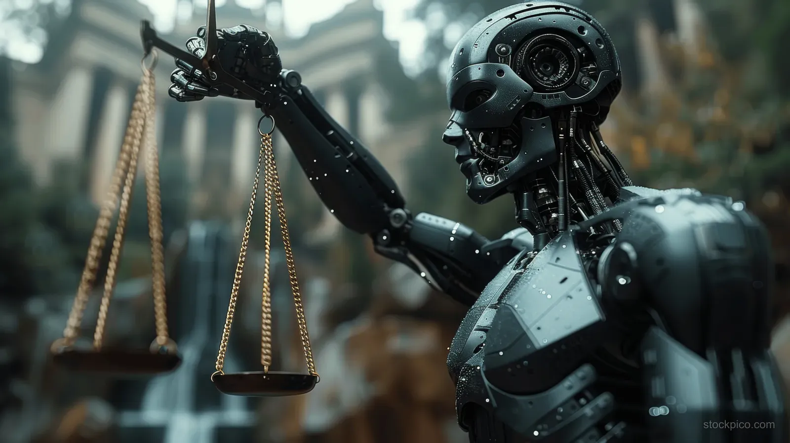 A humanoid robot holds a balance scale while legal symbols float in a blurred courtroom background.