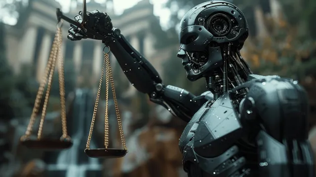 A humanoid robot holds a balance scale while legal symbols float in a blurred courtroom background.