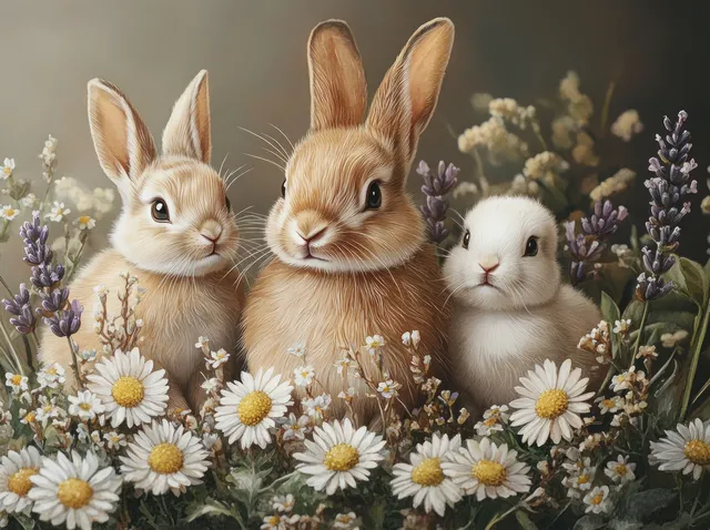 Three Easter bunnies among daisies and lavender in a spring floral scene