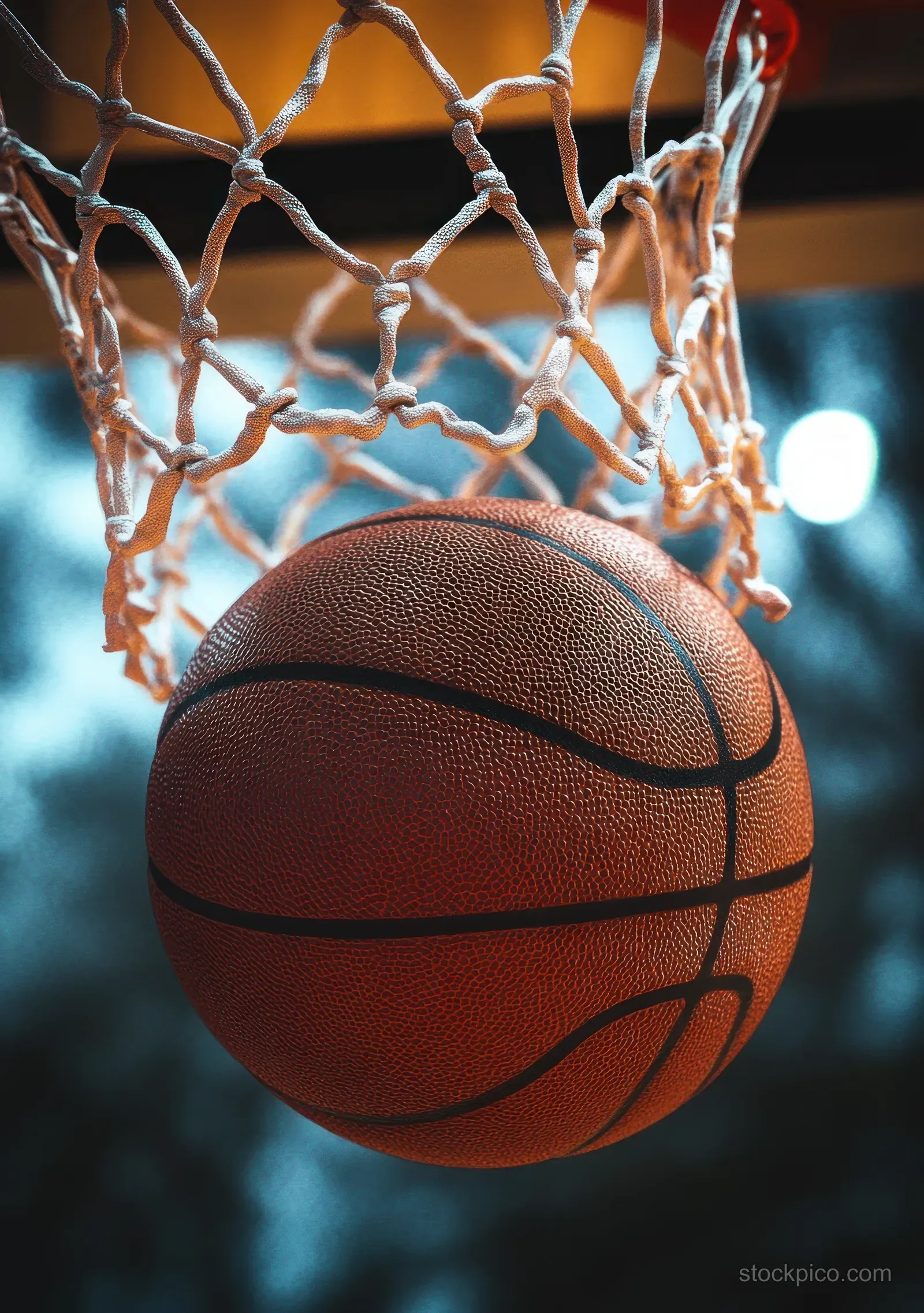 Orange basketball passes through a white hoop net with blurred lights in the background.